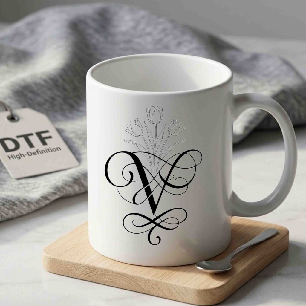 Letter V floral monogram printed on white ceramic coffee mug mockup