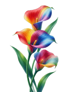 Cover artwork showcasing diverse botanical floral arrangements including blue peonies, rainbow calla lilies, and pink tulips in free transparent PNG format