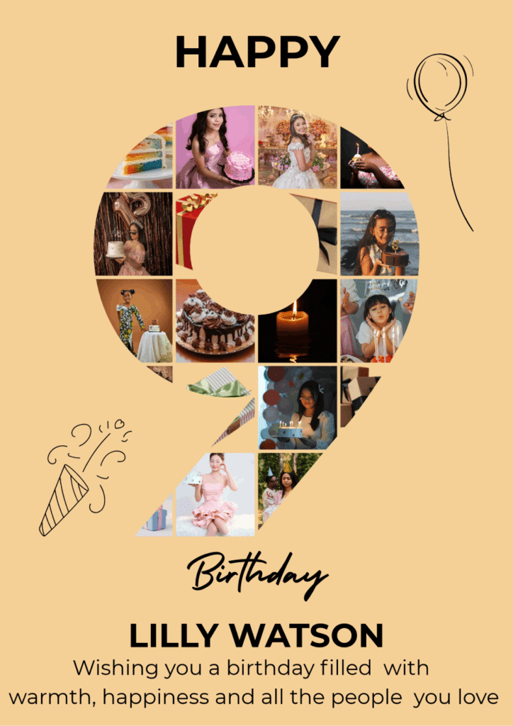 Editable 9th birthday number photo collage card template customizable online in Canva