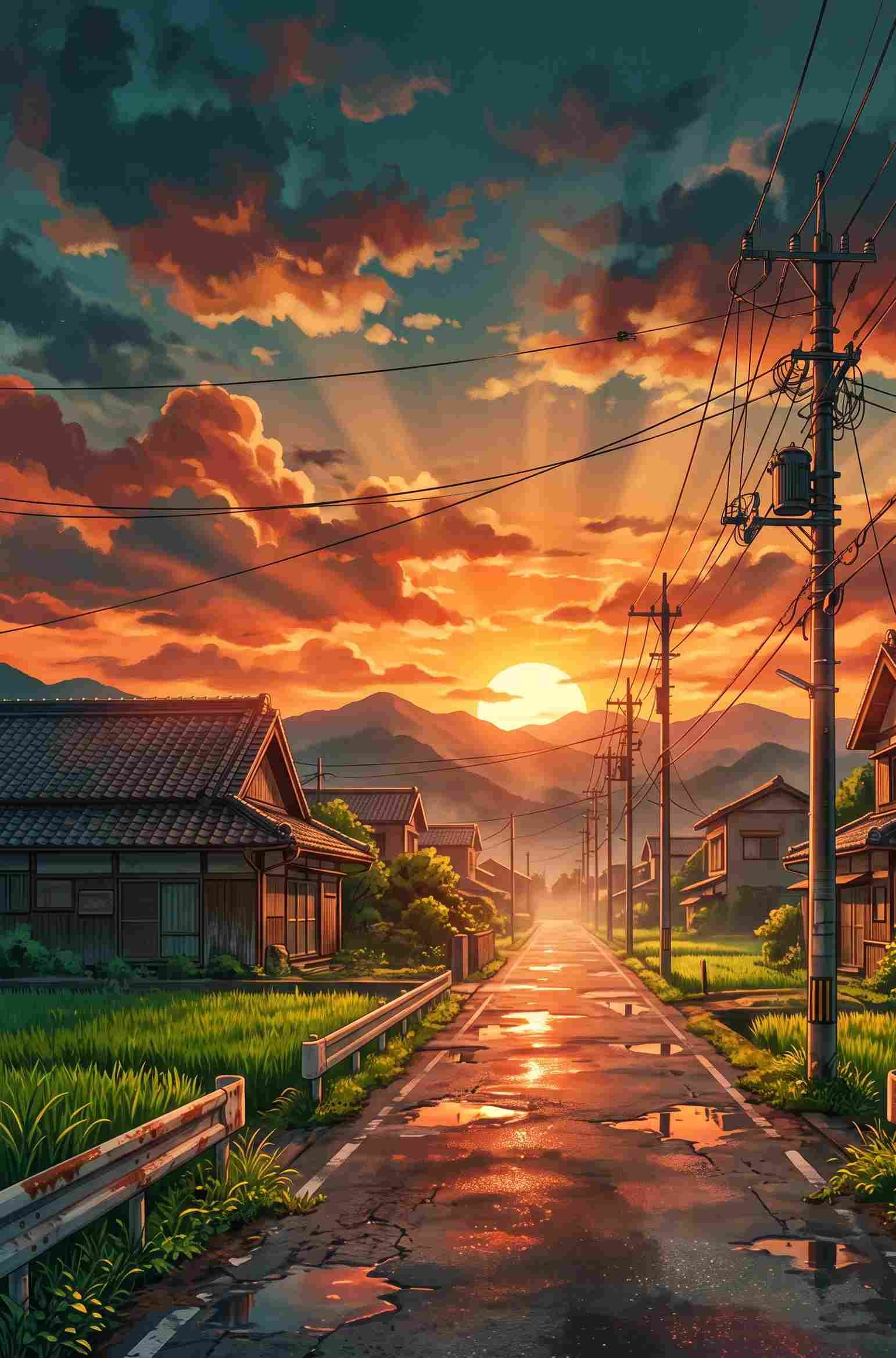 Anime style sunset illustration over a quiet rural street with traditional Japanese houses, utility poles, and golden clouds