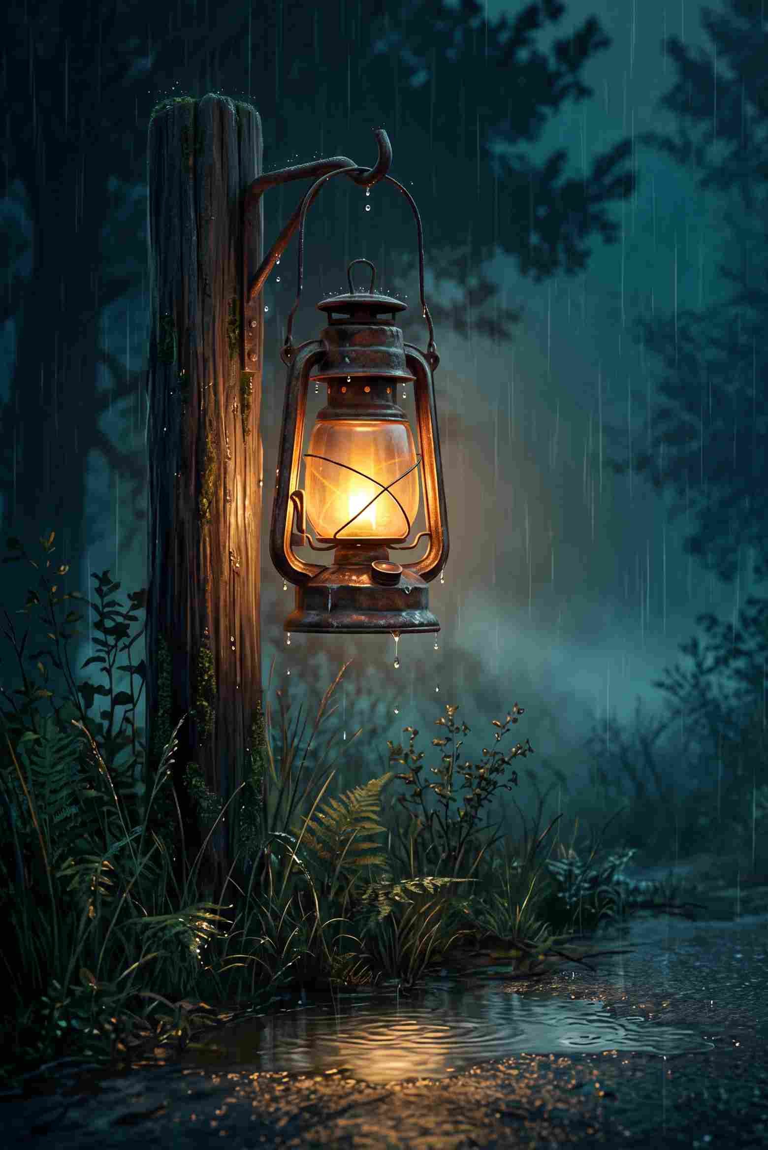Rustic vintage kerosene lantern hanging on a wooden post in a dark rainy forest reflecting warm light onto wet ground