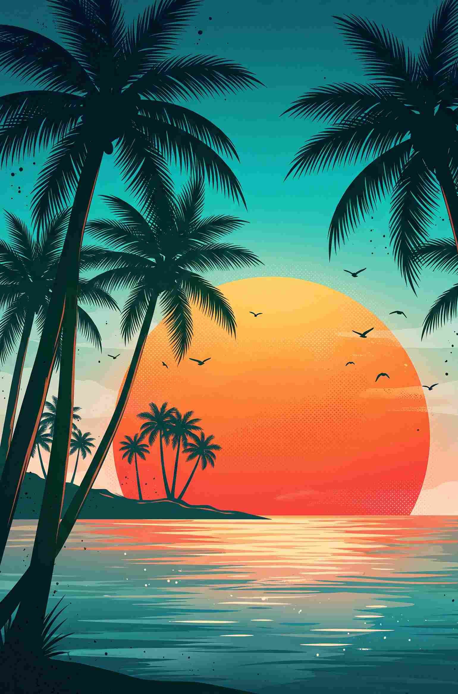 Retro vector illustration of tropical beach sunset with palm trees silhouetted against a giant orange sun and ocean waves