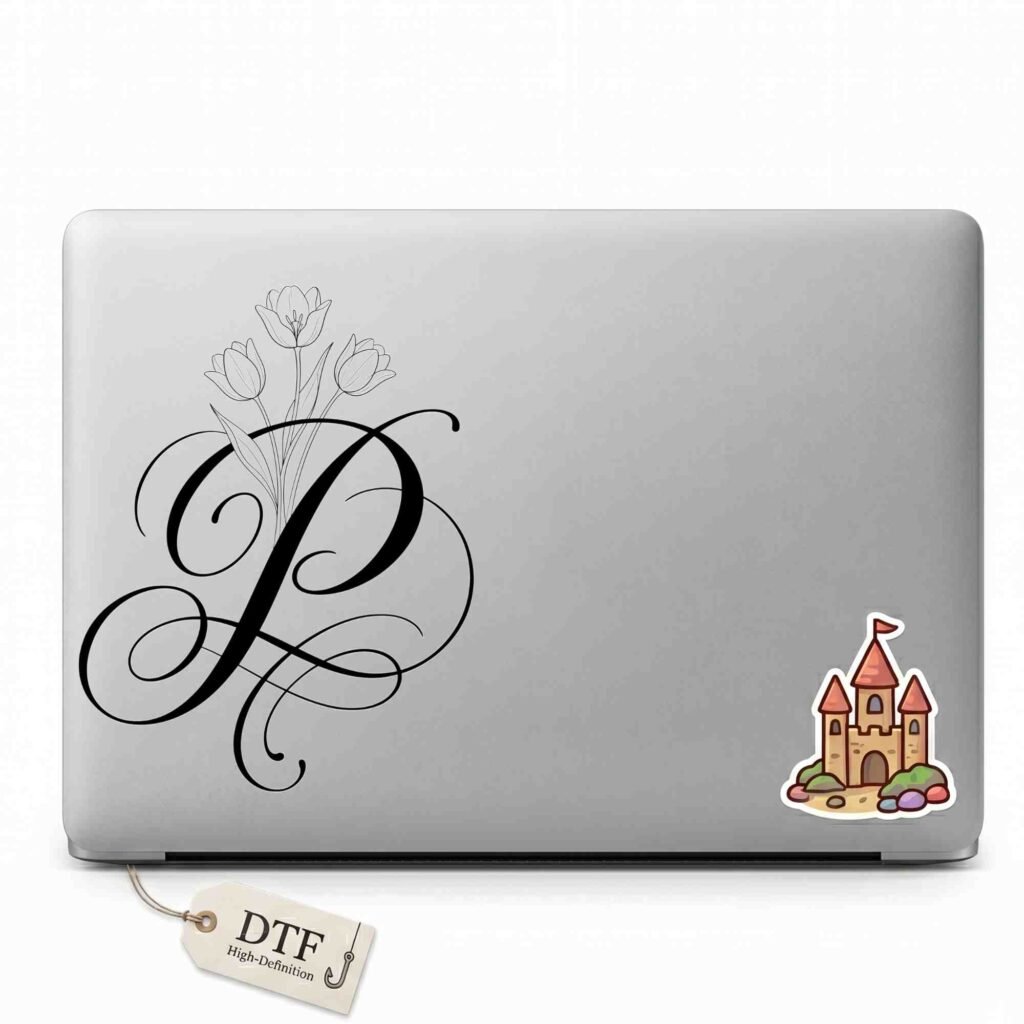 Letter P floral monogram vinyl sticker decal mockup on silver laptop