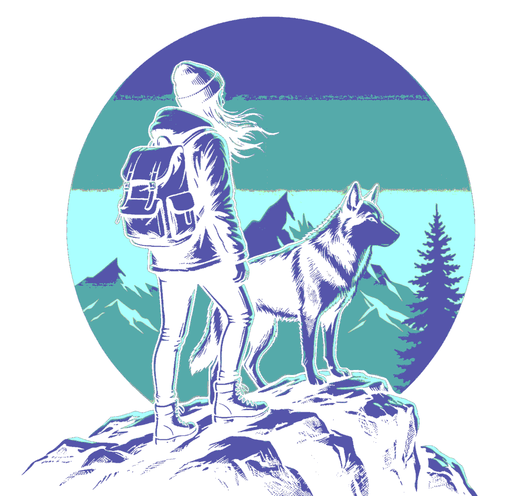 Hiker woman with backpack and dog standing on mountain summit vintage outdoor clipart free transparent PNG