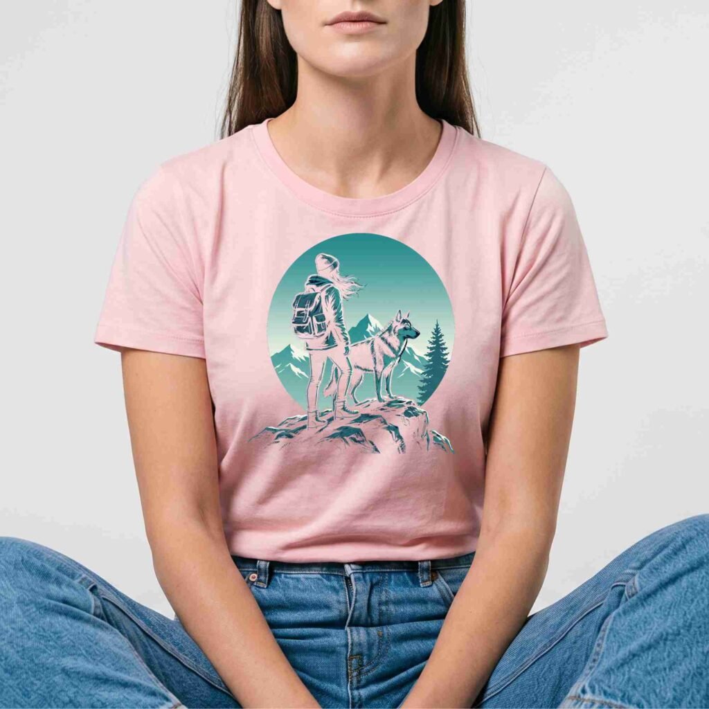 Female model wearing a light pink t-shirt printed with the hiker and dog mountain summit design