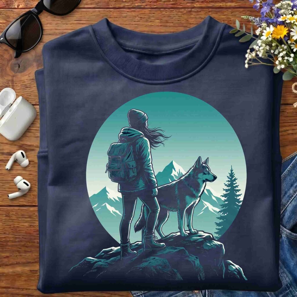 Flat lay mockup of a folded navy blue sweatshirt featuring the hiker with dog graphic print