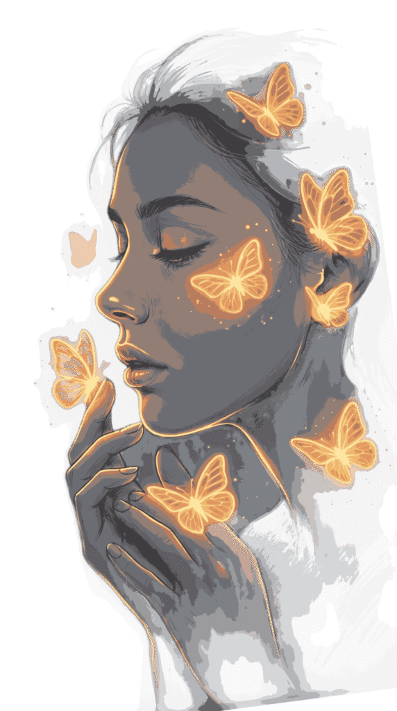 Glowing neon butterflies fluttering around an ethereal woman portrait free transparent PNG download