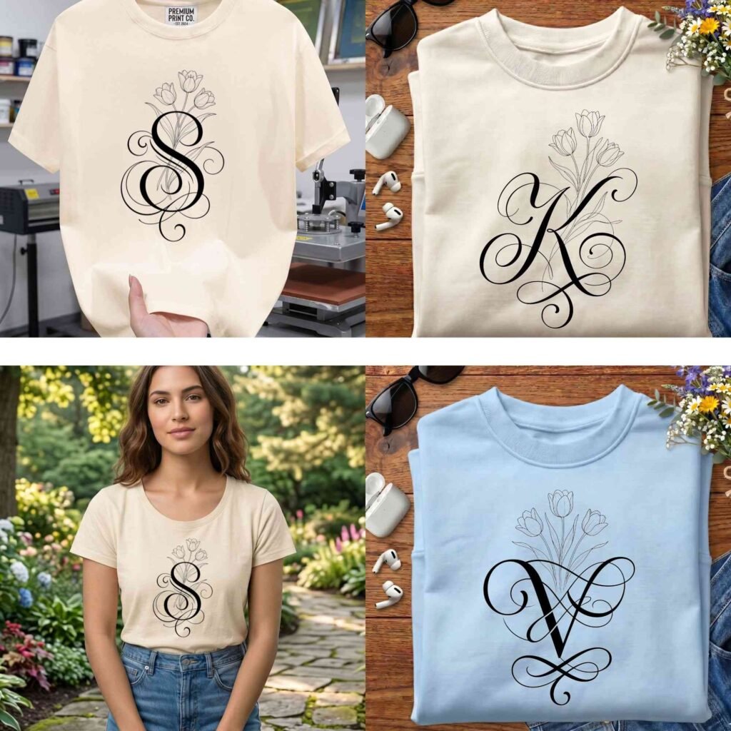 Floral monogram letters S K and V printed on apparel t-shirts and sweatshirts