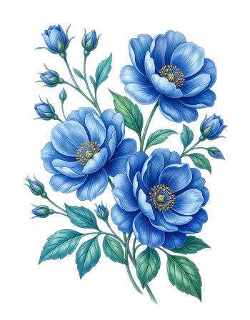 Classic hand-drawn blue garden roses with soft green foliage cutout graphic