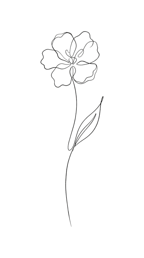 Minimalist continuous single line art drawing of a flower with stem and leaf in free transparent PNG format
